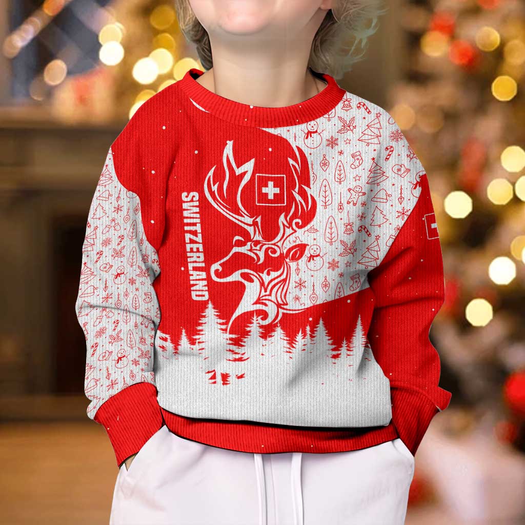 Switzerland Christmas Kid Ugly Christmas Sweater with Red Reindeer Snow Forest and Holiday Icon - Wonder Print Shop