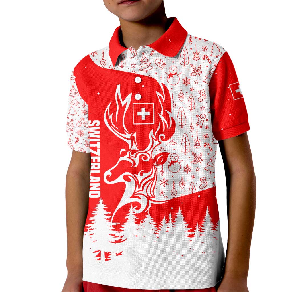 Switzerland Christmas Kid Polo Shirt with Red Reindeer Snow Forest and Holiday Icon - Wonder Print Shop