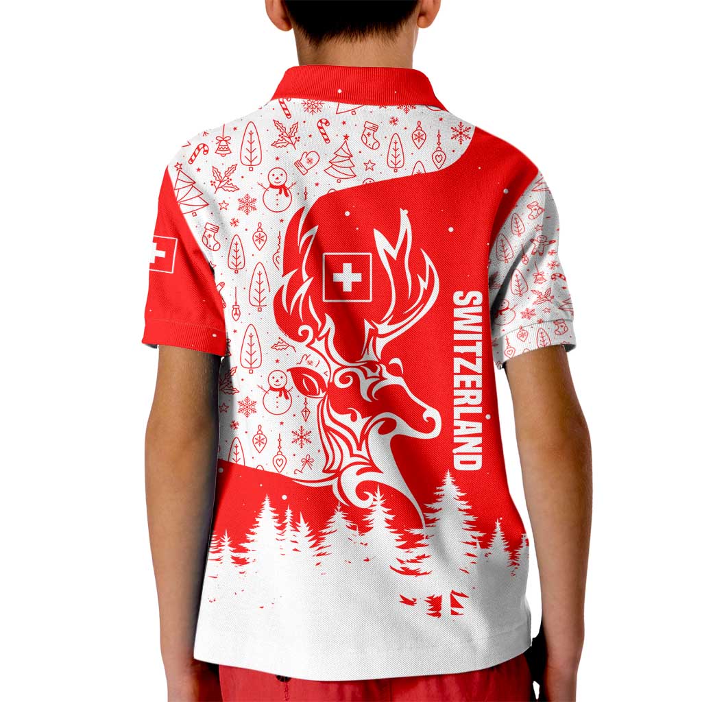 Switzerland Christmas Kid Polo Shirt with Red Reindeer Snow Forest and Holiday Icon - Wonder Print Shop