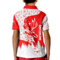 Switzerland Christmas Kid Polo Shirt with Red Reindeer Snow Forest and Holiday Icon - Wonder Print Shop