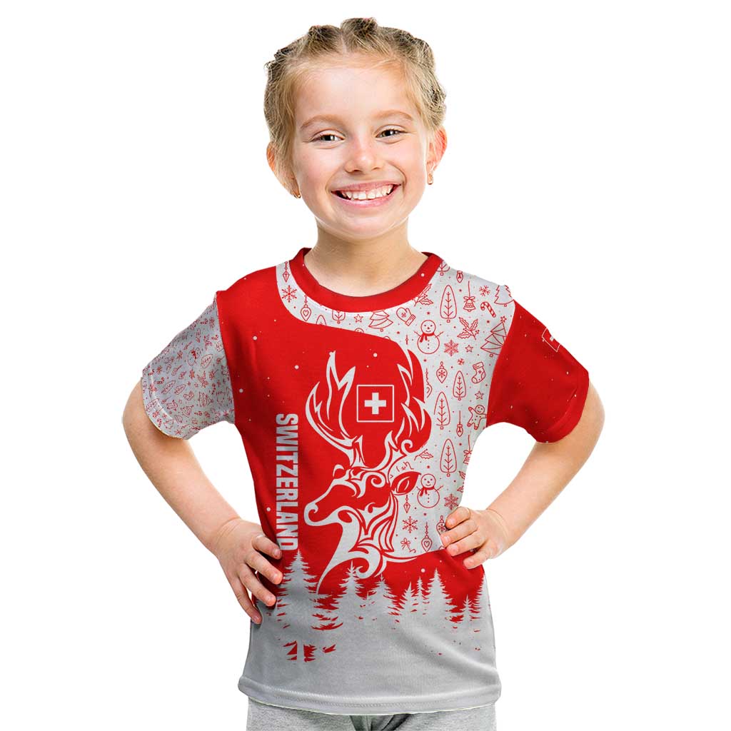 Switzerland Christmas Kid T Shirt with Red Reindeer Snow Forest and Holiday Icon - Wonder Print Shop