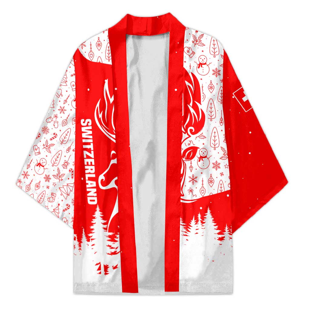 Switzerland Christmas Kimono with Red Reindeer Snow Forest and Holiday Icon - Wonder Print Shop