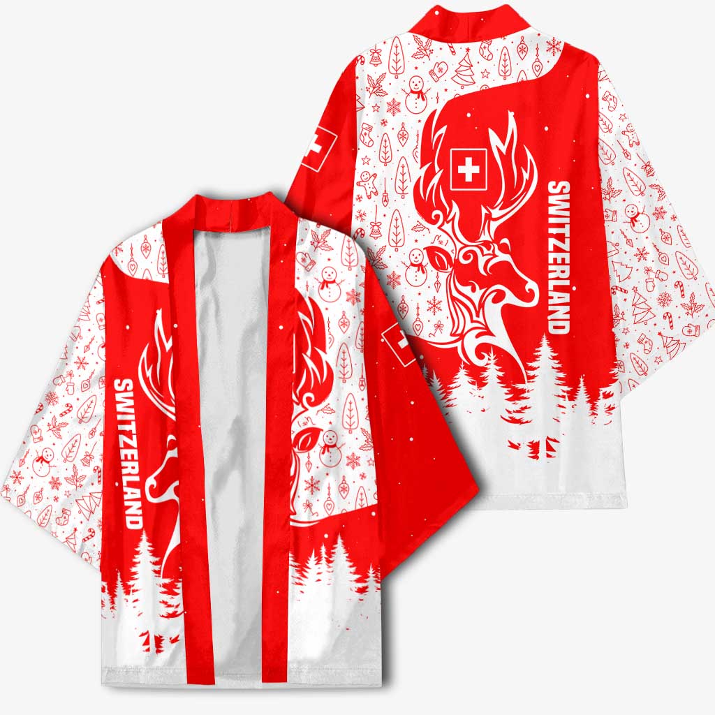 Switzerland Christmas Kimono with Red Reindeer Snow Forest and Holiday Icon - Wonder Print Shop