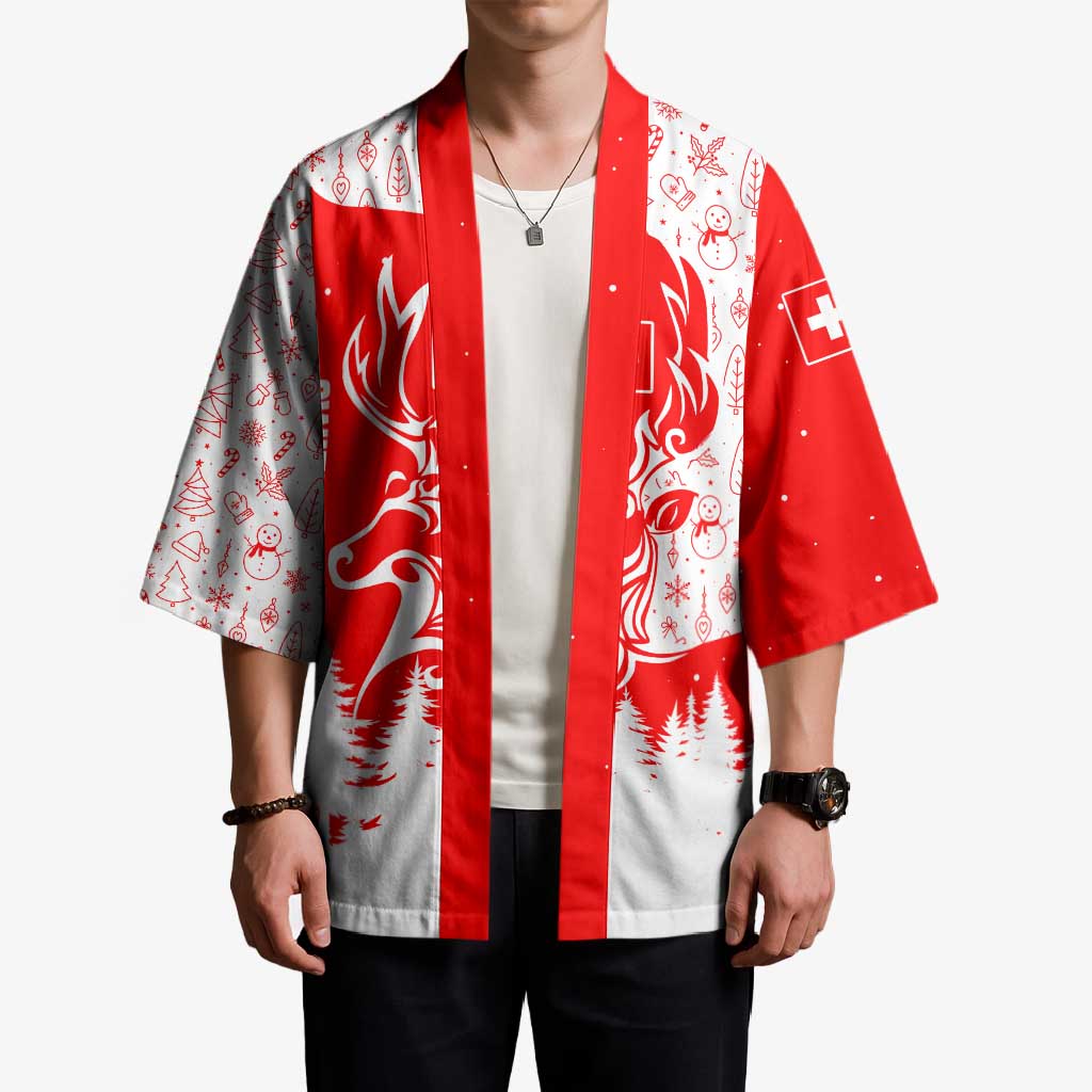 Switzerland Christmas Kimono with Red Reindeer Snow Forest and Holiday Icon - Wonder Print Shop