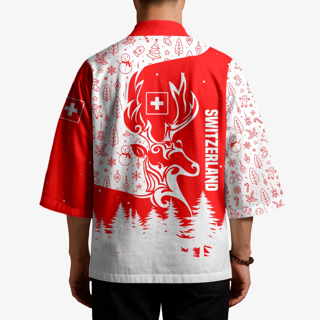 Switzerland Christmas Kimono with Red Reindeer Snow Forest and Holiday Icon - Wonder Print Shop
