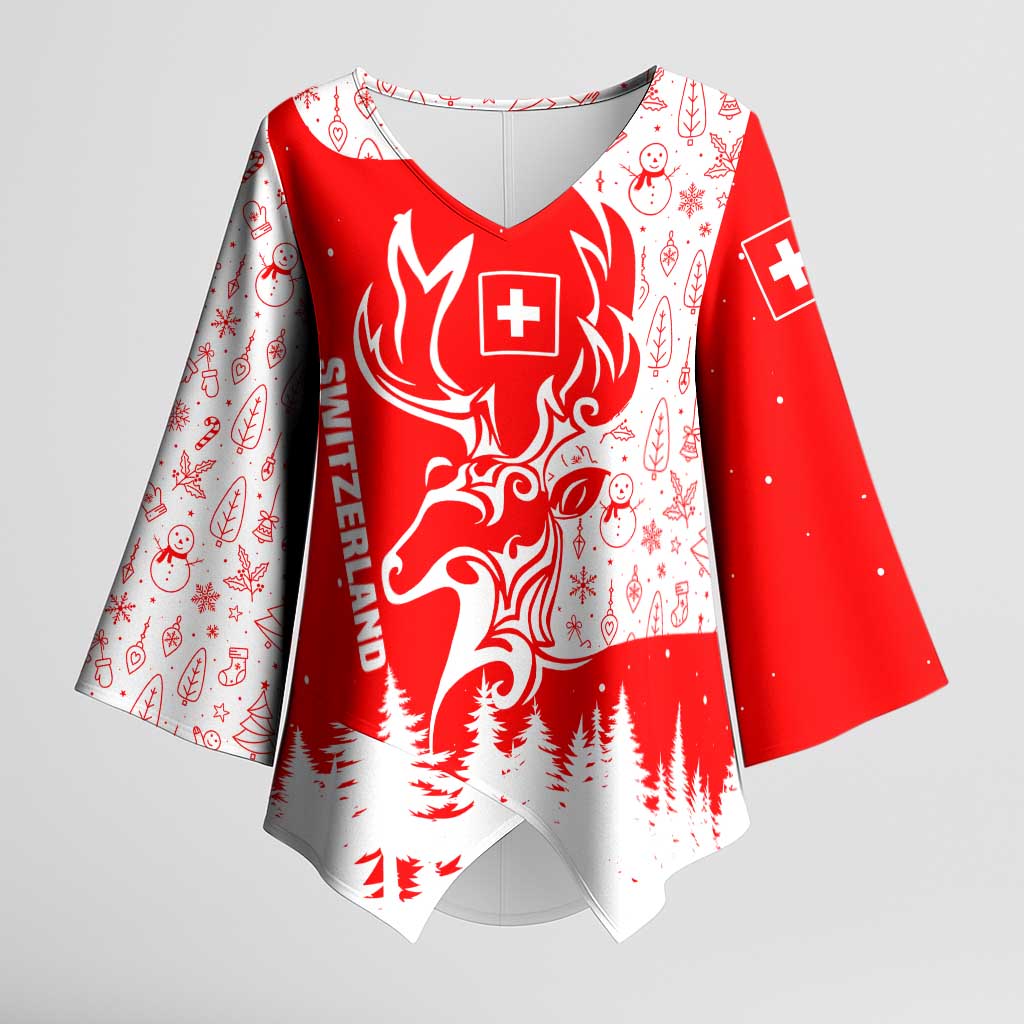 Switzerland Christmas Kimono Sleeve Blouse with Red Reindeer Snow Forest and Holiday Icon - Wonder Print Shop