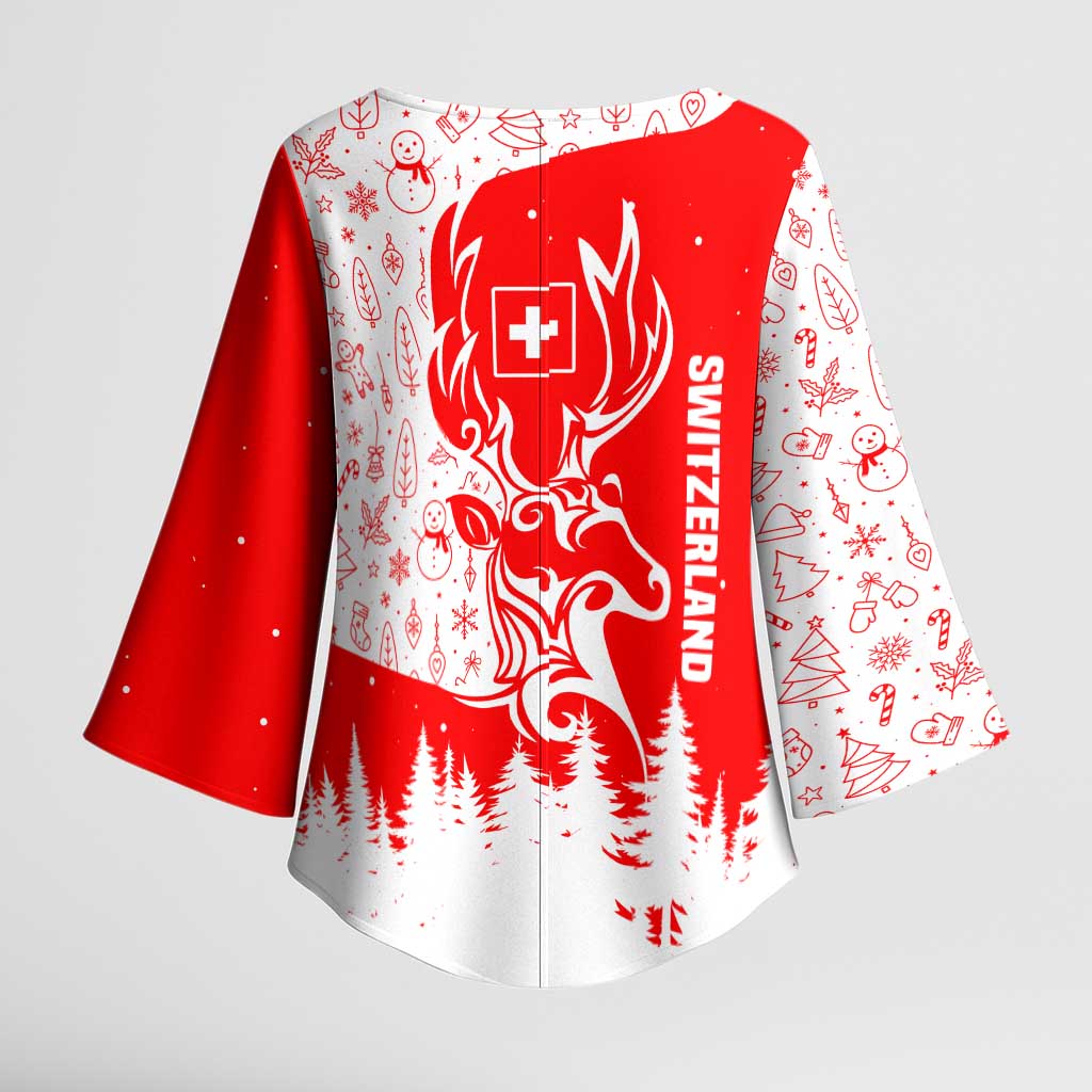 Switzerland Christmas Kimono Sleeve Blouse with Red Reindeer Snow Forest and Holiday Icon - Wonder Print Shop
