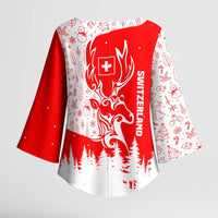Switzerland Christmas Kimono Sleeve Blouse with Red Reindeer Snow Forest and Holiday Icon - Wonder Print Shop