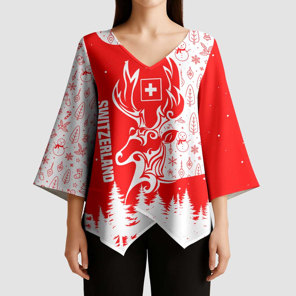Switzerland Christmas Kimono Sleeve Blouse with Red Reindeer Snow Forest and Holiday Icon - Wonder Print Shop
