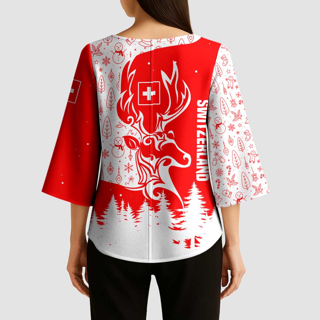 Switzerland Christmas Kimono Sleeve Blouse with Red Reindeer Snow Forest and Holiday Icon - Wonder Print Shop
