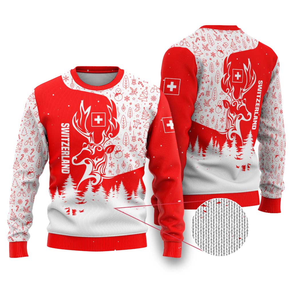 Switzerland Christmas Ugly Christmas Sweater with Red Reindeer Snow Forest and Holiday Icon - Wonder Print Shop