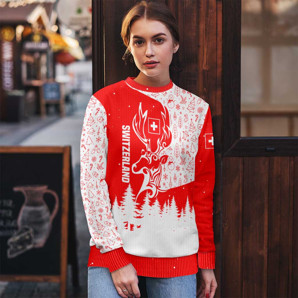 Switzerland Christmas Ugly Christmas Sweater with Red Reindeer Snow Forest and Holiday Icon - Wonder Print Shop
