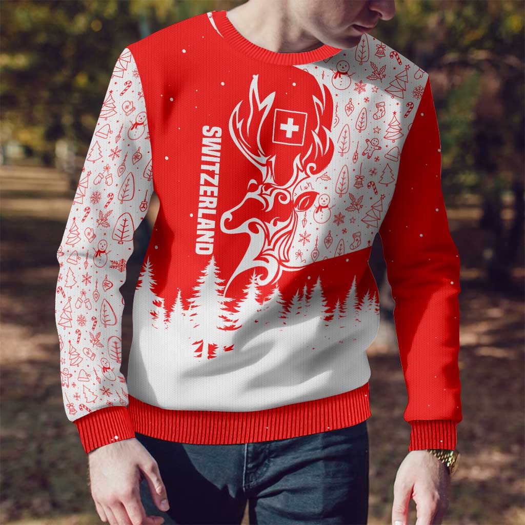 Switzerland Christmas Ugly Christmas Sweater with Red Reindeer Snow Forest and Holiday Icon - Wonder Print Shop