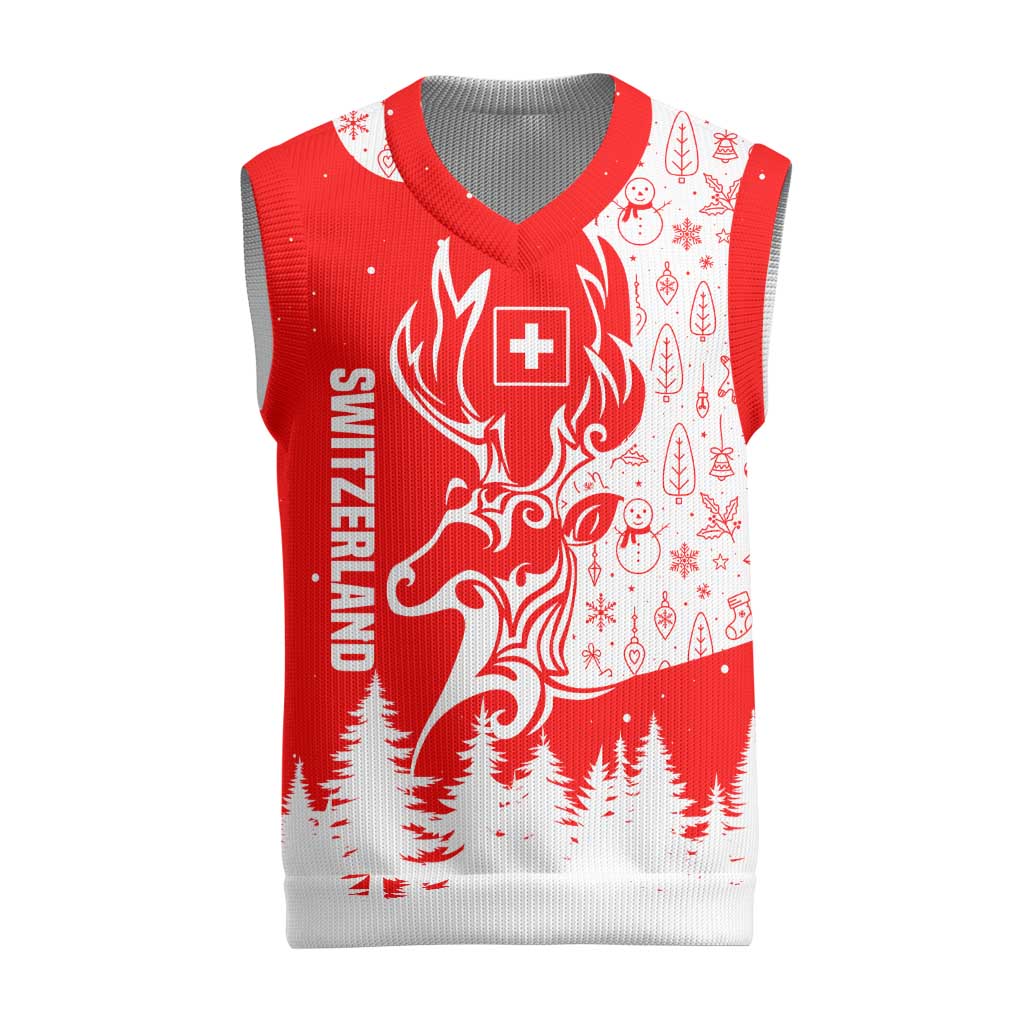 Switzerland Christmas Knitted V-Neck Vest with Red Reindeer Snow Forest and Holiday Icon - Wonder Print Shop