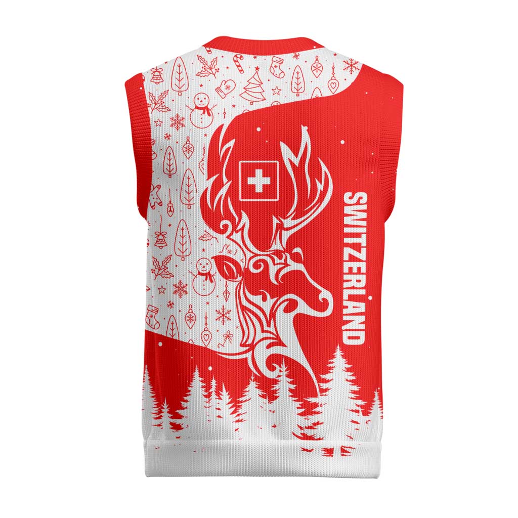 Switzerland Christmas Knitted V-Neck Vest with Red Reindeer Snow Forest and Holiday Icon - Wonder Print Shop