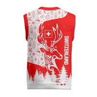 Switzerland Christmas Knitted V-Neck Vest with Red Reindeer Snow Forest and Holiday Icon - Wonder Print Shop