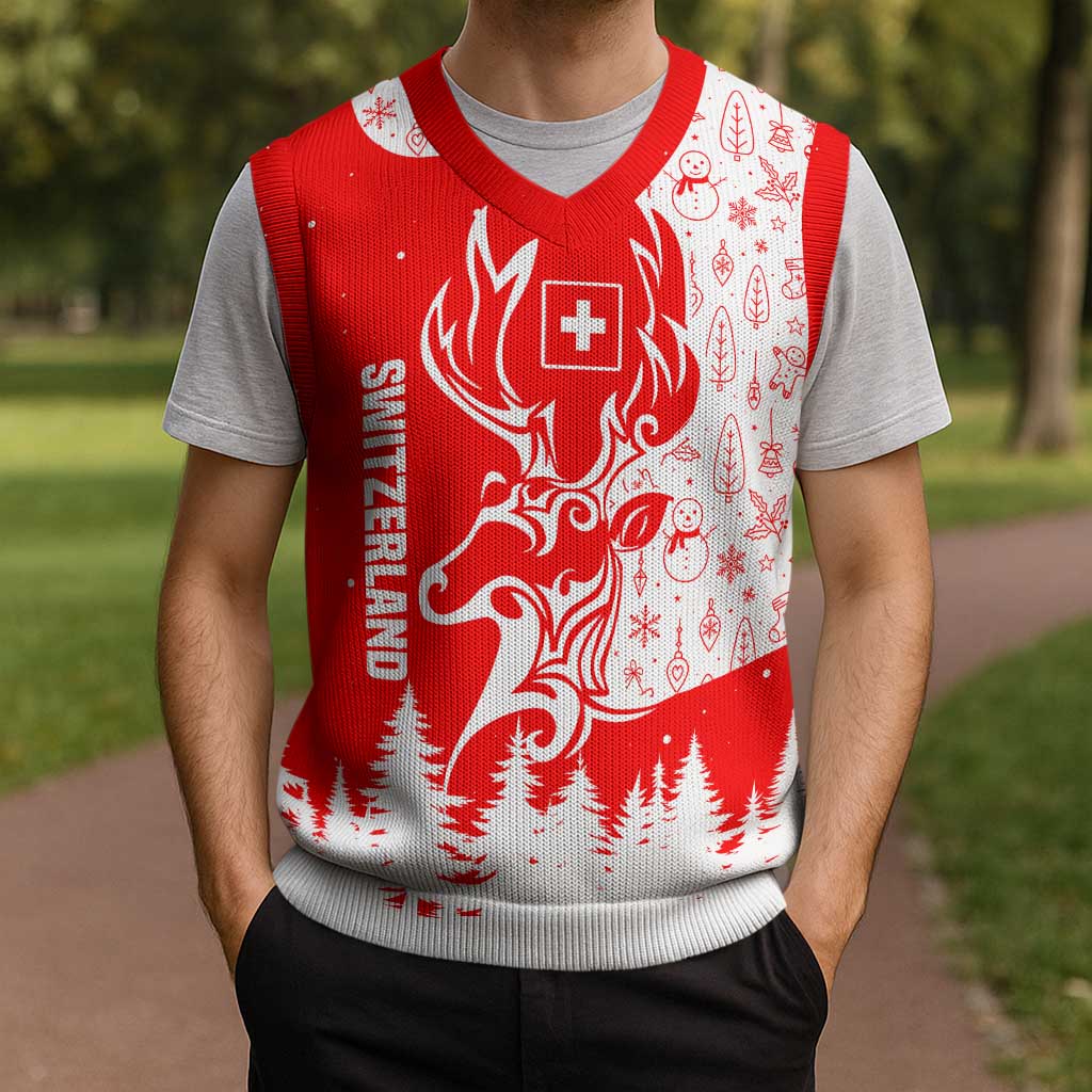 Switzerland Christmas Knitted V-Neck Vest with Red Reindeer Snow Forest and Holiday Icon - Wonder Print Shop