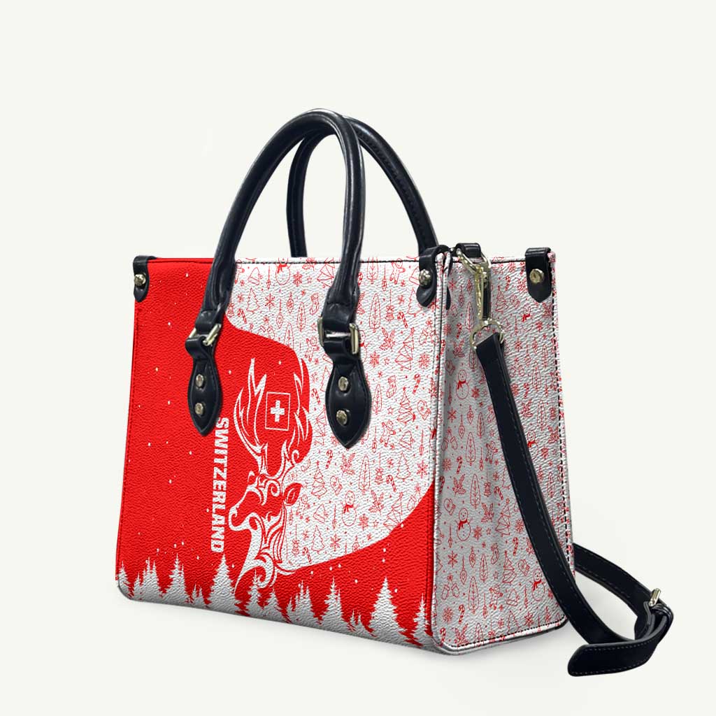 Switzerland Christmas Leather Bag with Red Reindeer Snow Forest and Holiday Icon - Wonder Print Shop