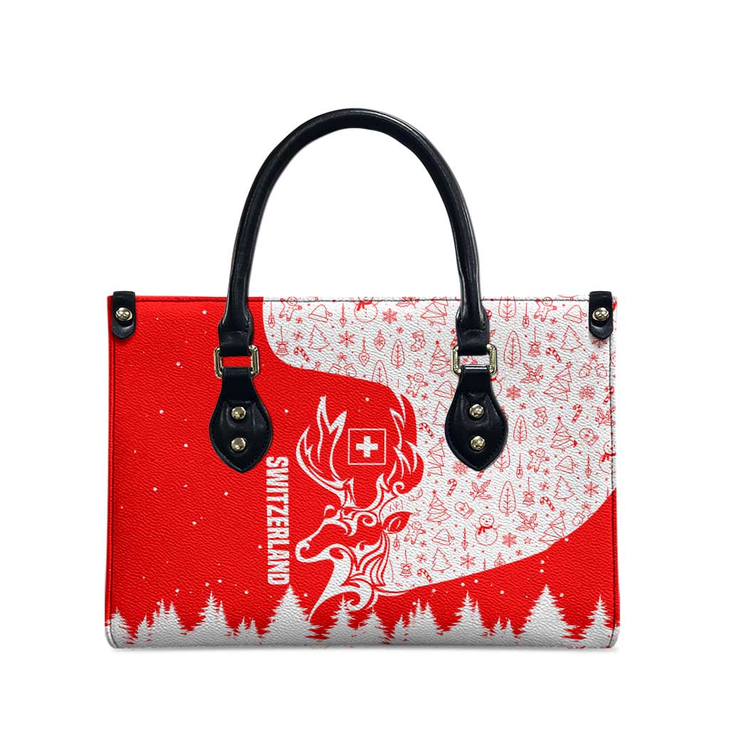 Switzerland Christmas Leather Bag with Red Reindeer Snow Forest and Holiday Icon - Wonder Print Shop