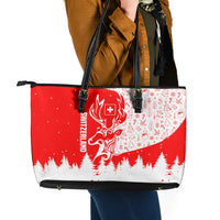 Switzerland Christmas Leather Tote Bag with Red Reindeer Snow Forest and Holiday Icon - Wonder Print Shop