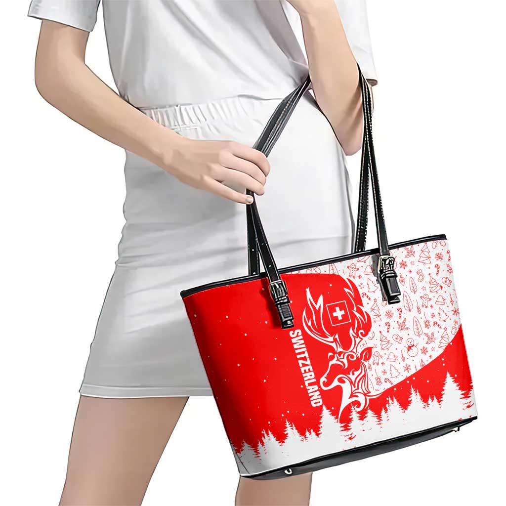 Switzerland Christmas Leather Tote Bag with Red Reindeer Snow Forest and Holiday Icon - Wonder Print Shop