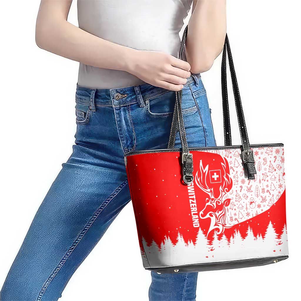 Switzerland Christmas Leather Tote Bag with Red Reindeer Snow Forest and Holiday Icon - Wonder Print Shop