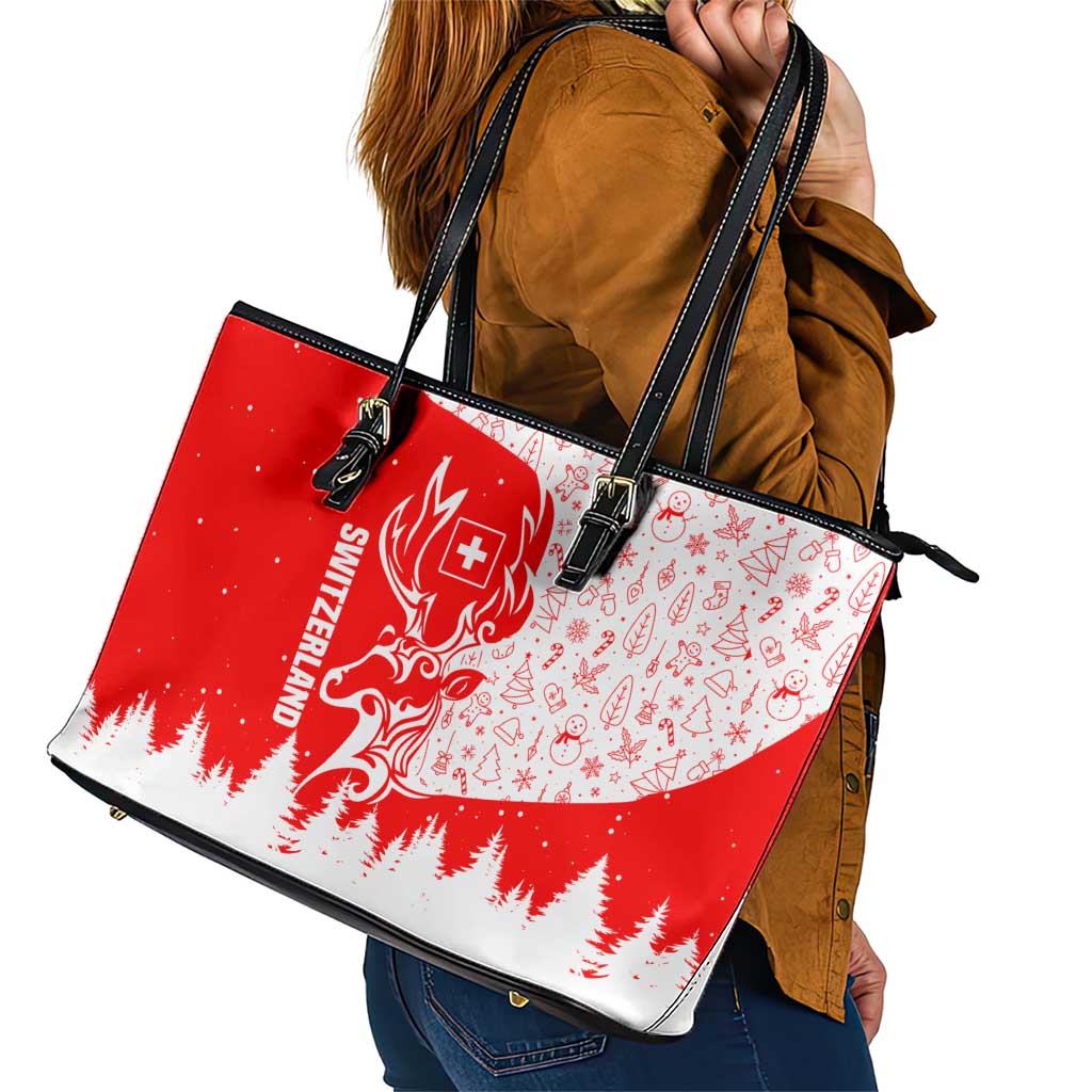 Switzerland Christmas Leather Tote Bag with Red Reindeer Snow Forest and Holiday Icon - Wonder Print Shop