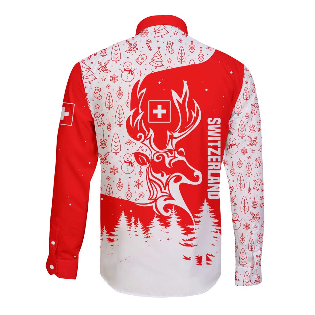 Switzerland Christmas Long Sleeve Button Shirt with Red Reindeer Snow Forest and Holiday Icon - Wonder Print Shop