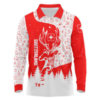 Switzerland Christmas Long Sleeve Polo Shirt with Red Reindeer Snow Forest and Holiday Icon - Wonder Print Shop