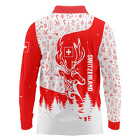 Switzerland Christmas Long Sleeve Polo Shirt with Red Reindeer Snow Forest and Holiday Icon - Wonder Print Shop