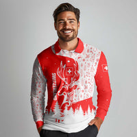 Switzerland Christmas Long Sleeve Polo Shirt with Red Reindeer Snow Forest and Holiday Icon - Wonder Print Shop