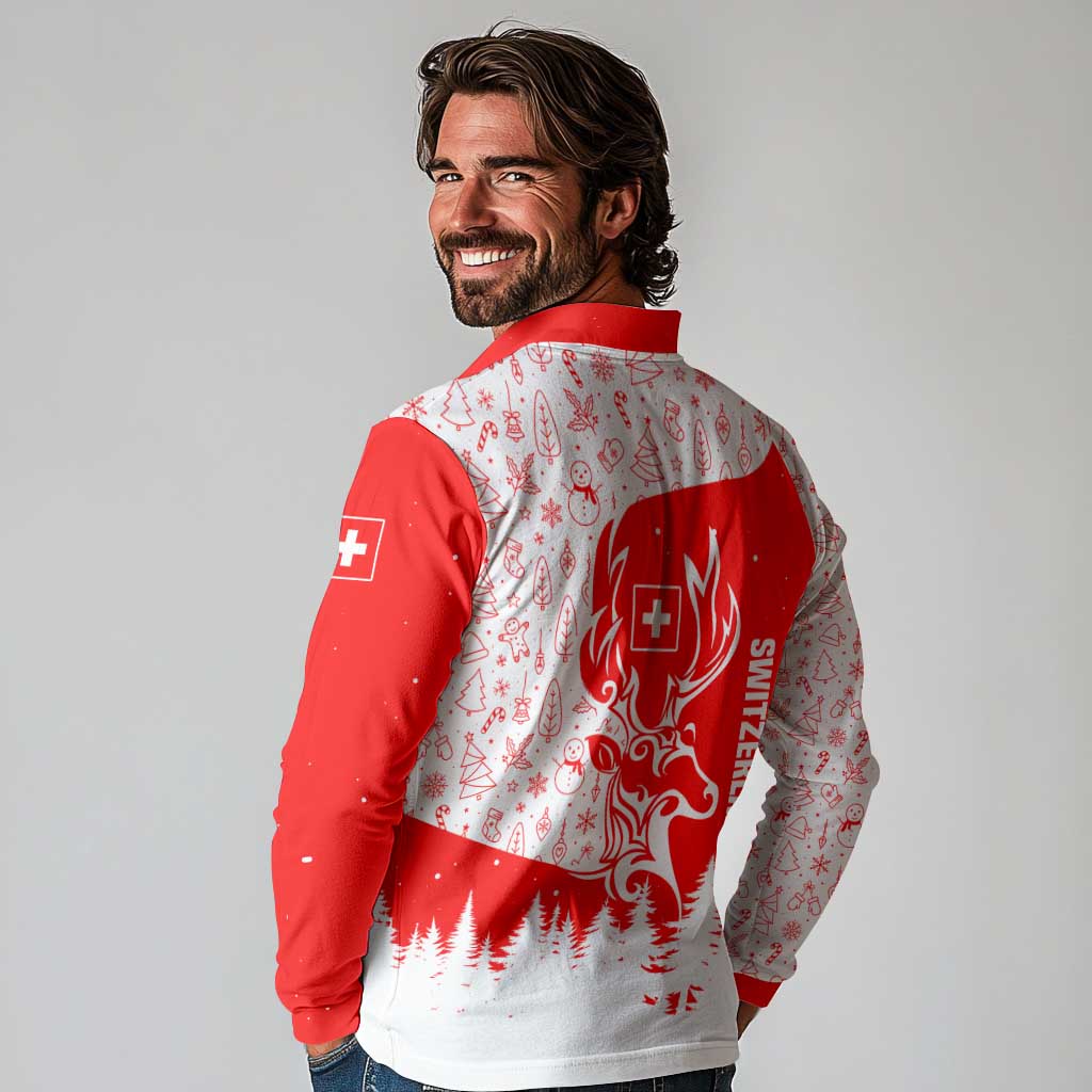 Switzerland Christmas Long Sleeve Polo Shirt with Red Reindeer Snow Forest and Holiday Icon - Wonder Print Shop