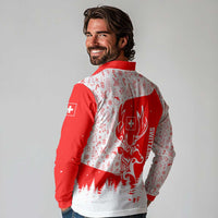 Switzerland Christmas Long Sleeve Polo Shirt with Red Reindeer Snow Forest and Holiday Icon - Wonder Print Shop