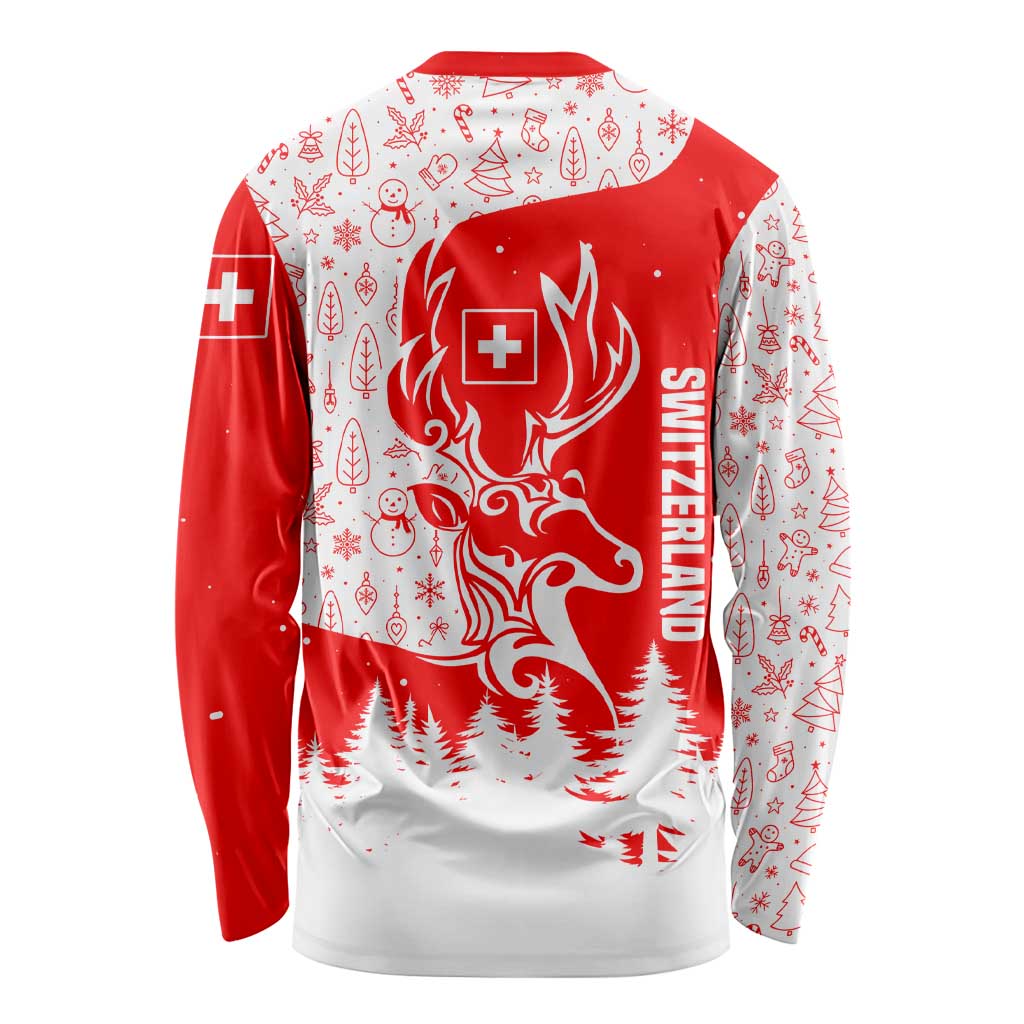 Switzerland Christmas Long Sleeve Shirt with Red Reindeer Snow Forest and Holiday Icon - Wonder Print Shop