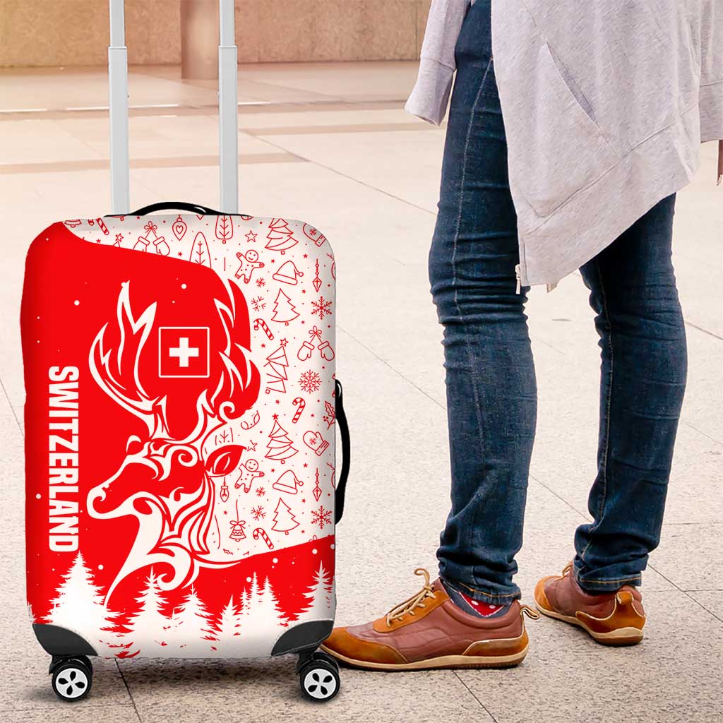 Switzerland Christmas Luggage Cover with Red Reindeer Snow Forest and Holiday Icon - Wonder Print Shop