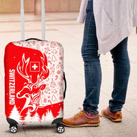 Switzerland Christmas Luggage Cover with Red Reindeer Snow Forest and Holiday Icon - Wonder Print Shop