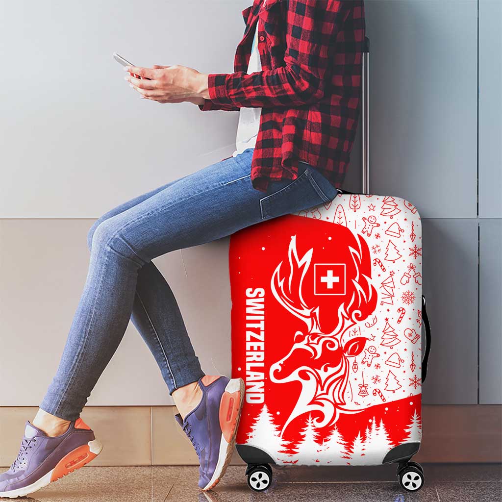 Switzerland Christmas Luggage Cover with Red Reindeer Snow Forest and Holiday Icon - Wonder Print Shop