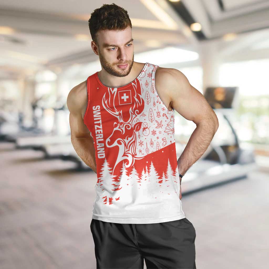 Switzerland Christmas Men Tank Top with Red Reindeer Snow Forest and Holiday Icon - Wonder Print Shop