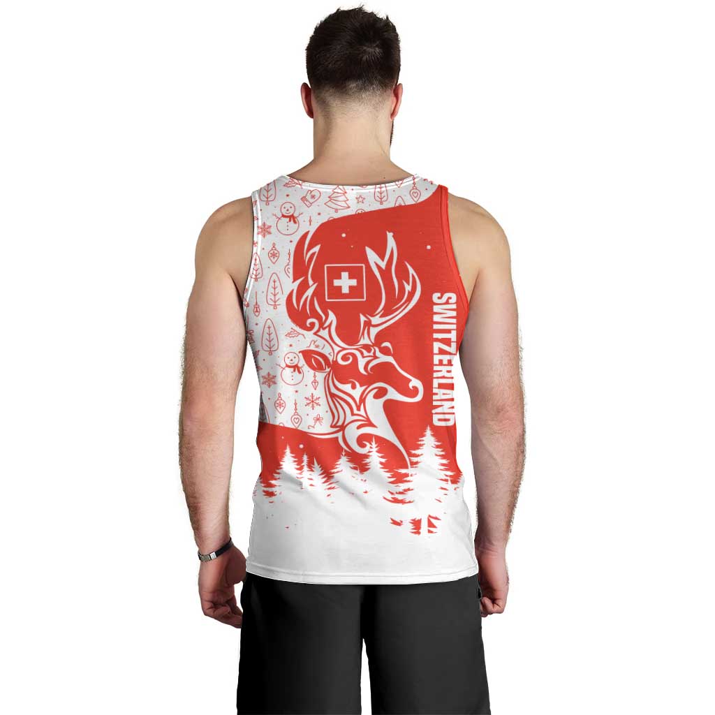 Switzerland Christmas Men Tank Top with Red Reindeer Snow Forest and Holiday Icon - Wonder Print Shop