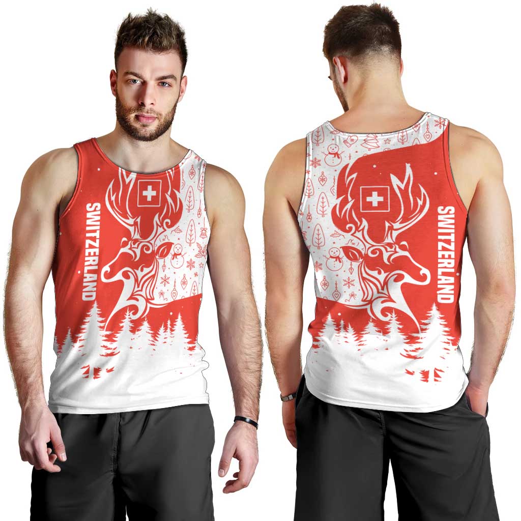 Switzerland Christmas Men Tank Top with Red Reindeer Snow Forest and Holiday Icon - Wonder Print Shop