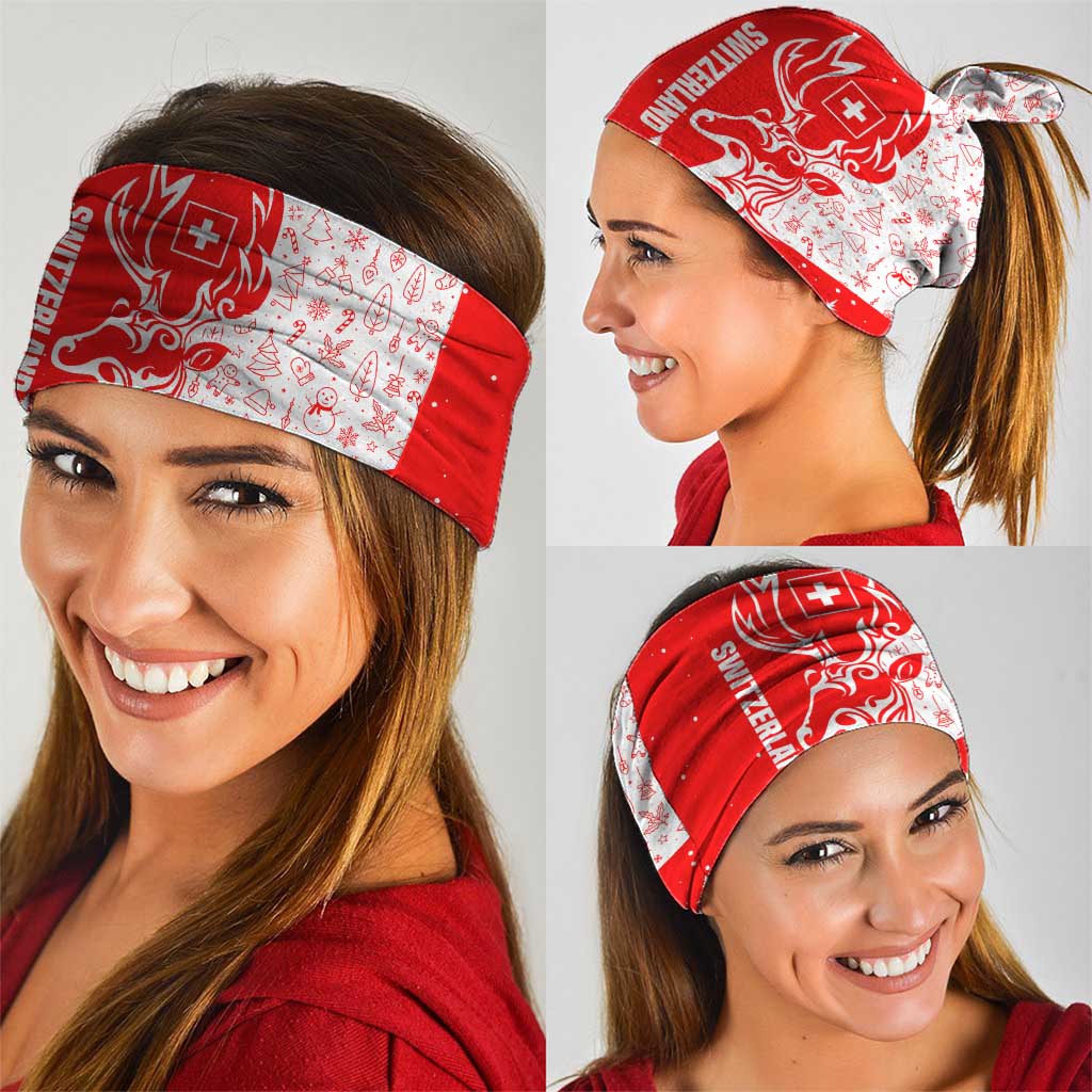 Switzerland Christmas Neck Gaiter with Red Reindeer Snow Forest and Holiday Icon - Wonder Print Shop