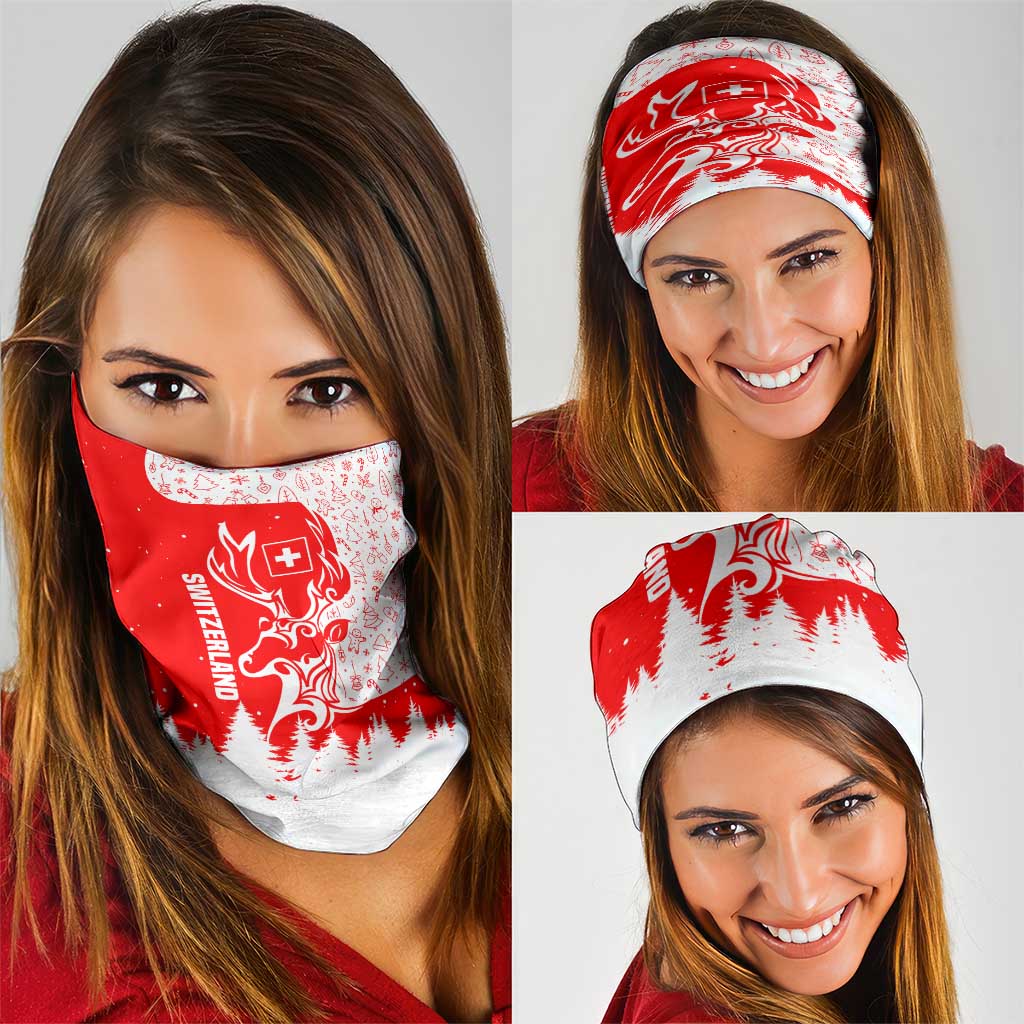 Switzerland Christmas Neck Gaiter with Red Reindeer Snow Forest and Holiday Icon - Wonder Print Shop
