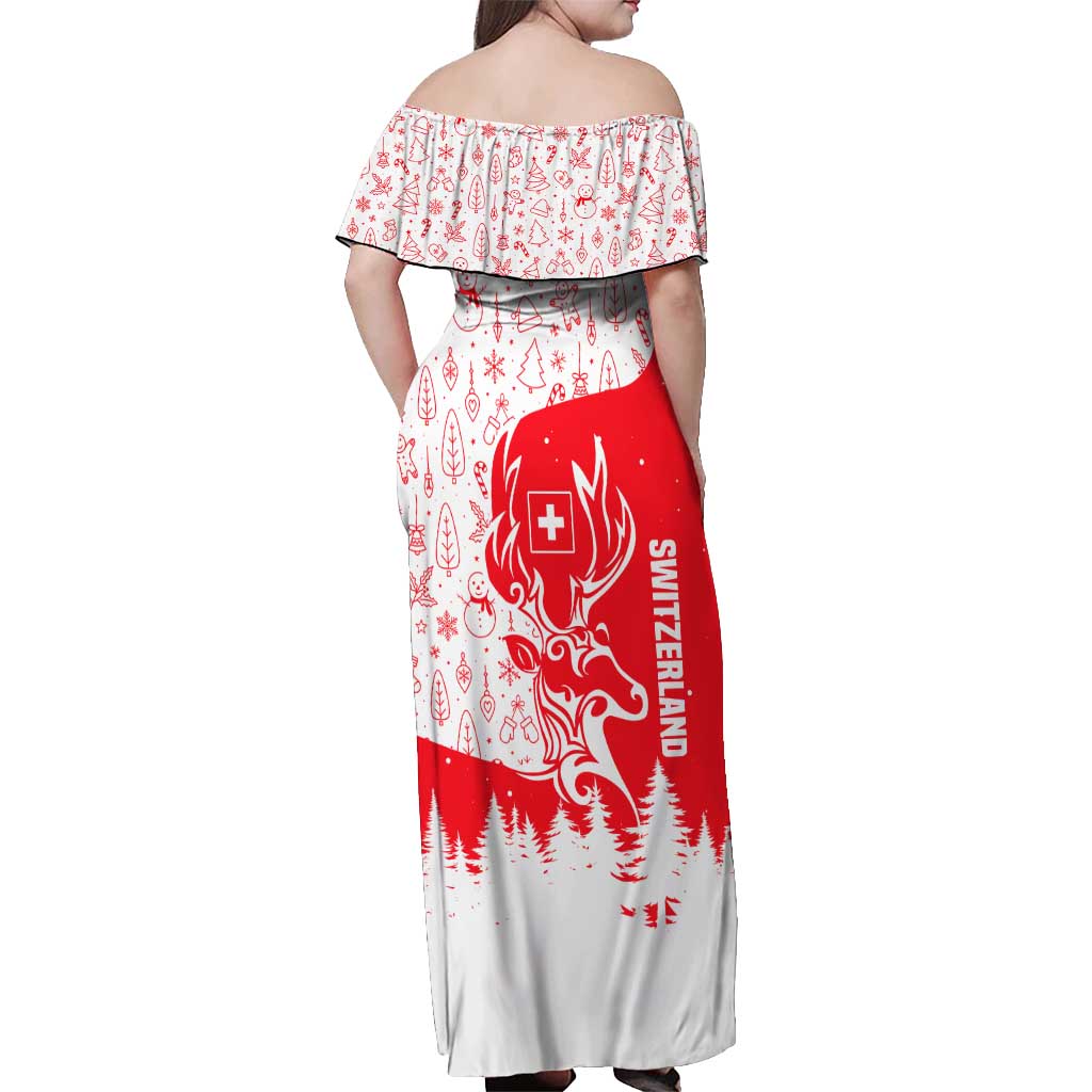 Switzerland Christmas Off Shoulder Maxi Dress with Red Reindeer Snow Forest and Holiday Icon - Wonder Print Shop