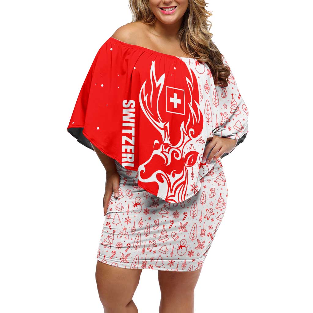 Switzerland Christmas Off Shoulder Short Dress with Red Reindeer Snow Forest and Holiday Icon - Wonder Print Shop