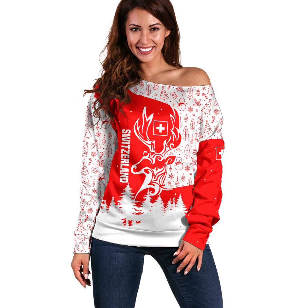 Switzerland Christmas Off Shoulder Sweater with Red Reindeer Snow Forest and Holiday Icon - Wonder Print Shop