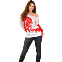 Switzerland Christmas Off Shoulder Sweater with Red Reindeer Snow Forest and Holiday Icon - Wonder Print Shop