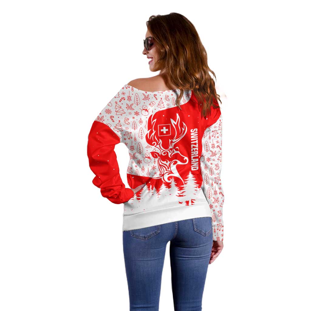 Switzerland Christmas Off Shoulder Sweater with Red Reindeer Snow Forest and Holiday Icon - Wonder Print Shop