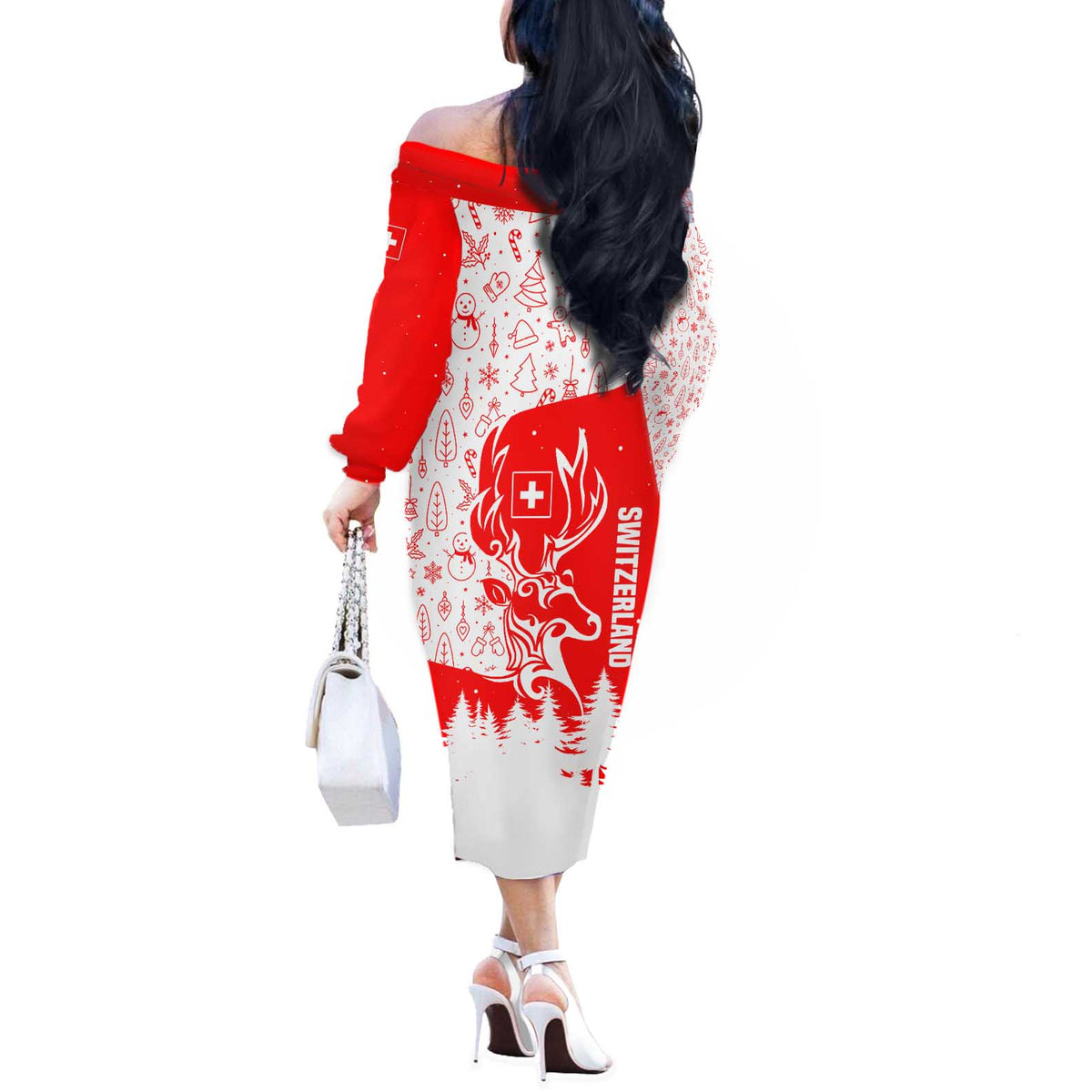 Switzerland Christmas Off The Shoulder Long Sleeve Dress with Red Reindeer Snow Forest and Holiday Icon - Wonder Print Shop
