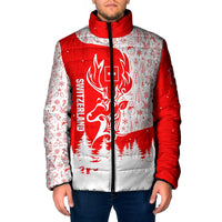 Switzerland Christmas Padded Jacket with Red Reindeer Snow Forest and Holiday Icon - Wonder Print Shop