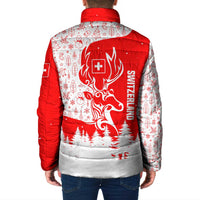 Switzerland Christmas Padded Jacket with Red Reindeer Snow Forest and Holiday Icon - Wonder Print Shop